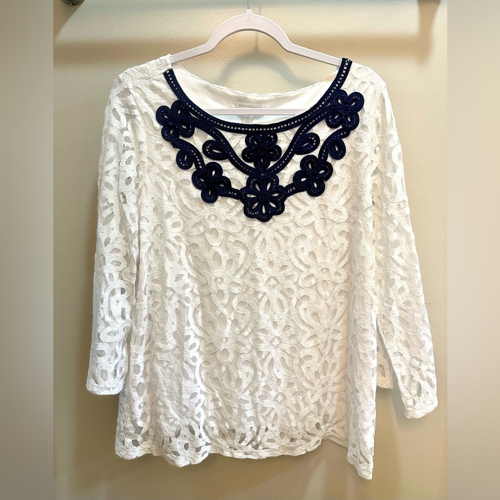 Charter Club Womens Embroidered Knit Blouse, White Size 1X